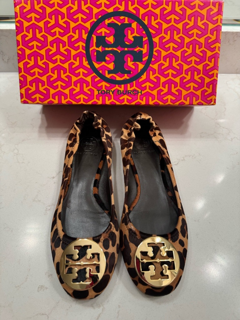 Tory Burch Leopard Print Reva Flats with Gold Logo